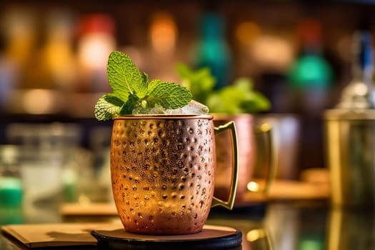 Classic cocktail in a copper mug garnished with fresh mint leaves.