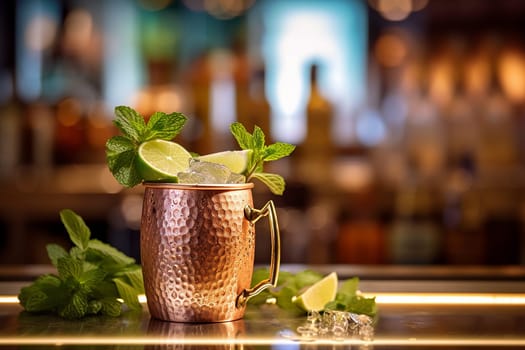 A refreshing cocktail in a copper mug garnished with lime and mint.