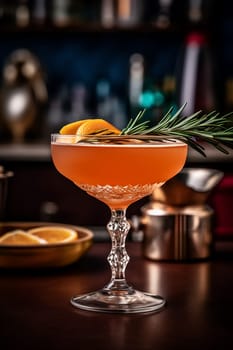 Elegant cocktail garnished with an orange peel and rosemary sprig.