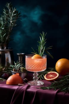 Elegant cocktail garnished with rosemary and orange on a draped burgundy cloth with citrus fruits.