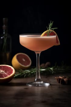 Elegant cocktail in a coupe glass garnished with a citrus slice and herb.