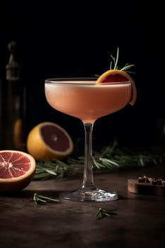 A cocktail garnished with a citrus slice and rosemary sprig in elegant stemware.