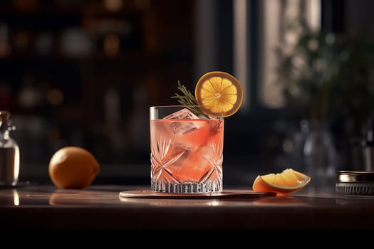 Elegant cocktail with citrus garnish on a bar counter.