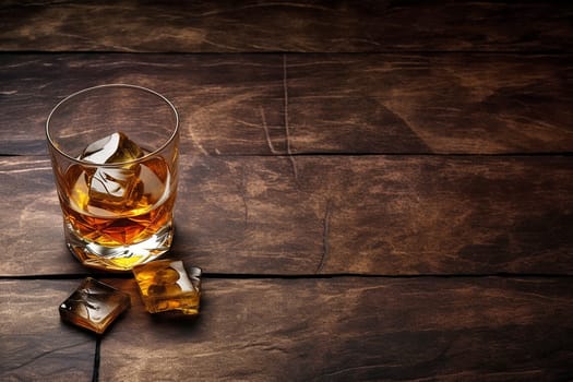 Glass of whiskey with ice on wooden background