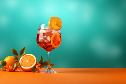 Refreshing citrus drink in a glass with ice and orange slices.