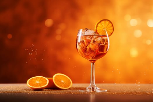 A refreshing orange cocktail with ice in a wine glass, garnished with a slice of orange.