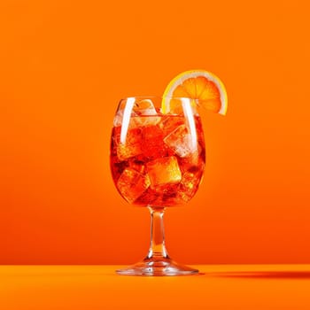 A refreshing cocktail with ice and a lemon slice against an orange backdrop.