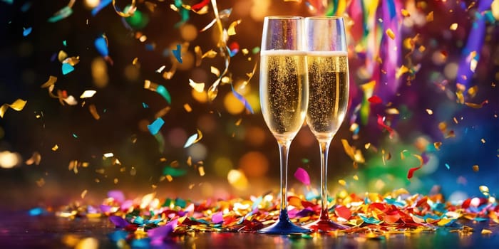 Two glasses of champagne for the holiday against a background of confetti and bokeh. Generative AI. High quality photo