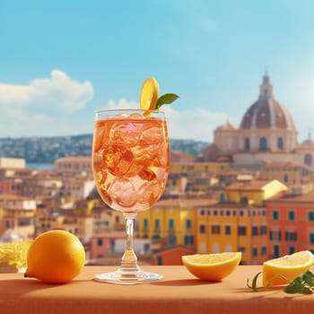 Cocktail glass with a refreshing drink against an Italian cityscape backdrop.