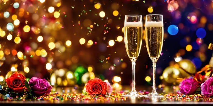 Two glasses of champagne for the holiday against a background of confetti and bokeh. Generative AI. High quality photo