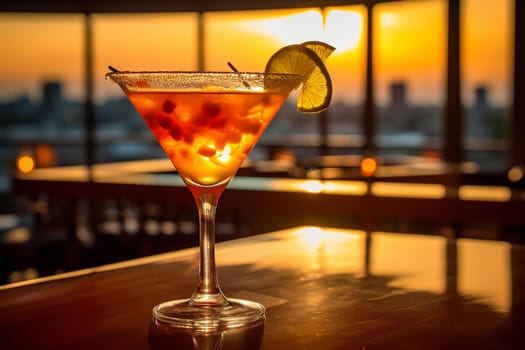 Cocktail glass with golden beverage and lime at sunset.