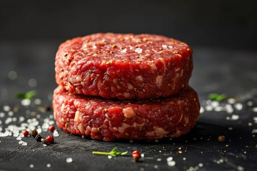 Burger patties made from raw ground beef with salt and spices on a black background, minimalism.