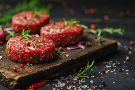Burger patties made from raw ground beef with salt and spices on a black background, minimalism.