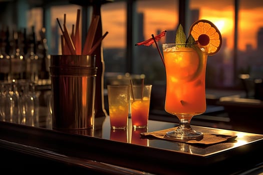 Refreshing cocktail at sunset with skyline backdrop