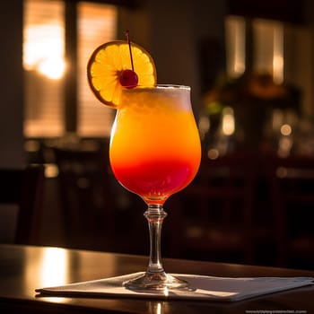 A vibrant cocktail with a gradient of orange to red, garnished with a cherry and orange slice.