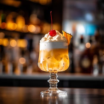 Creamy topped cocktail with cherry and orange slice