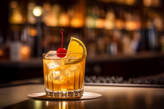 Cocktail with cherry garnish on bar counter