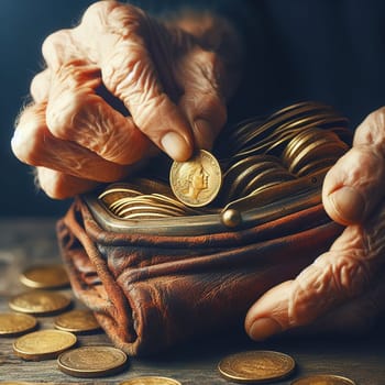 The hands of an elderly man put coins in a wallet. Small pension. Generative AI. High quality photo