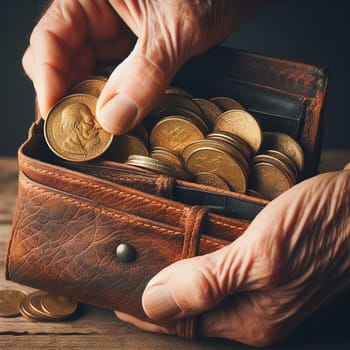 The hands of an elderly man put coins in a wallet. Small pension. Generative AI. High quality photo