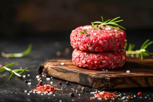 Burger patties made from raw ground beef with salt and spices on a black background, minimalism.