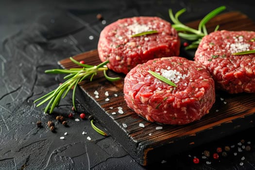 Burger patties made from raw ground beef with salt and spices on a black background, minimalism.