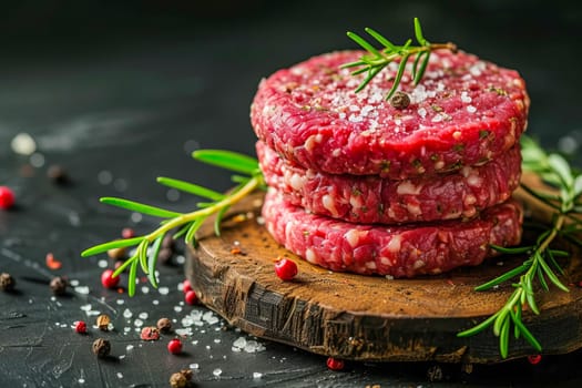 Burger patties made from raw ground beef with salt and spices on a black background, minimalism.