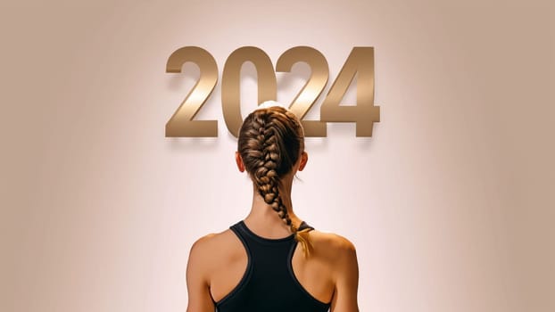 sport girl with the new year 2024 . sportwoman look at 2024 gold color letter over lilla background, Sport happy new year 2024 cover concept. High quality image