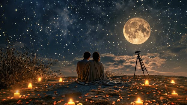 young couple looking out to romantic night sky in valentines day pragma