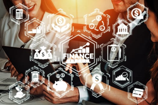 Finance and Money Transaction Technology Concept. Icon Graphic interface showing fintech trade exchange, profit statistics analysis and market analyst service in modern computer application. uds