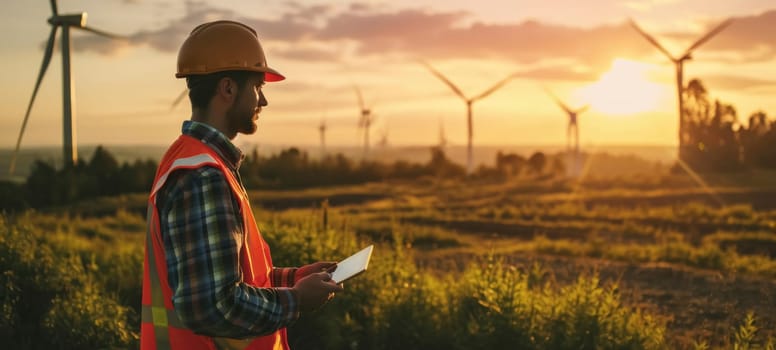 An engineer with a tablet examining wind turbines during a beautiful sunset in the countryside.