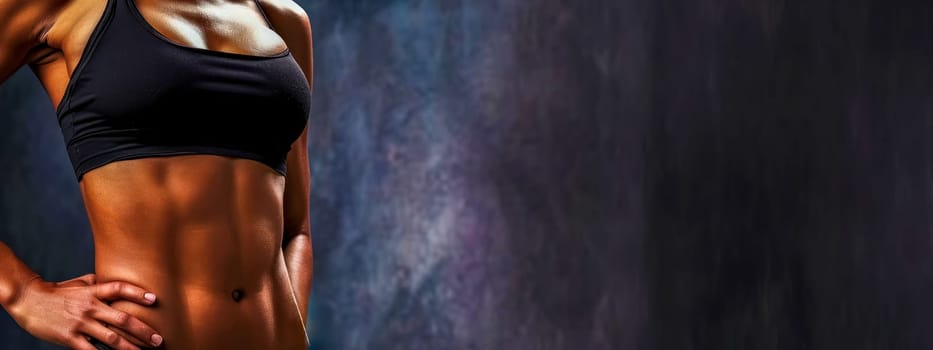 fit female torso wearing a black sports top, highlighting a slim waist and toned abdominal muscles, set against a blurred dark background, emphasizing health, fitness, and body confidence, copy space