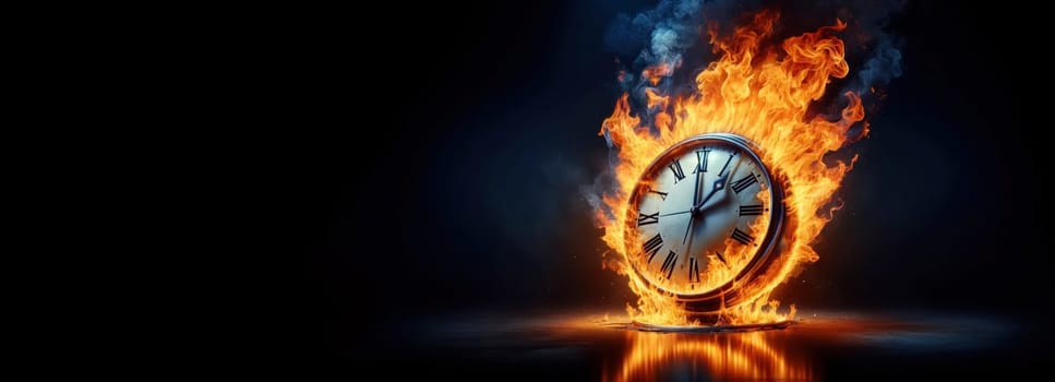 A clock dial ablaze, symbolizing time's ephemeral essence