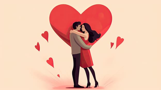 Woman and men hug with heart icon on a background, valentine concept