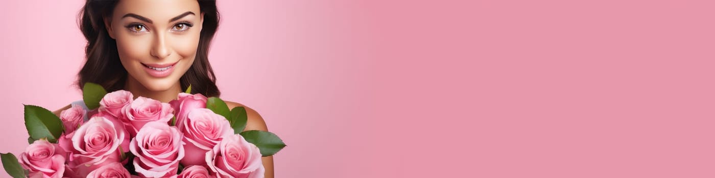 Pretty young woman with a pink roses isolated on pink background