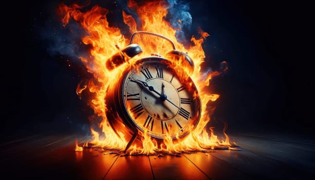 A clock dial ablaze, symbolizing time's ephemeral essence