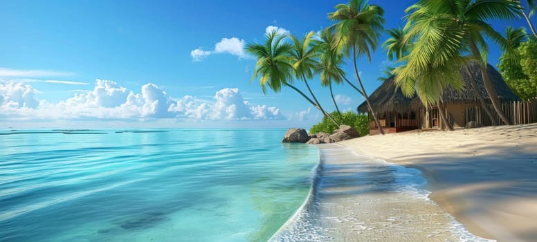 Thatched beach hut on a serene tropical island with crystal-clear water and white sandy beach.