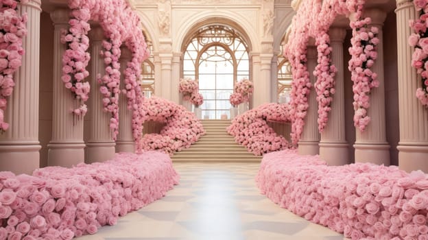 Beautifully decorated ceremonial hall for a wedding ceremony with pink roses, wed concept