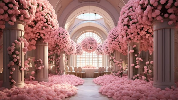 Beautifully decorated ceremonial hall for a wedding ceremony with pink roses, wed concept