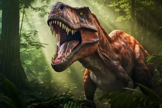 Tyrannosaur rex roaring in a prehistoric forest with lush vegetation, ferns and sunlight