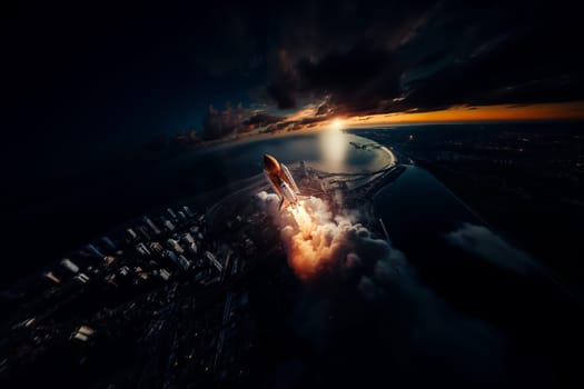 Aerial view of a rocket shuttle carrier launch at sunrise over an ocean coast. The rocket is blasting off with a trail of smoke and flames behind it.