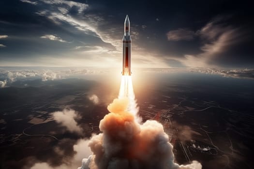 Aerial view of a rocket launch at sunrise sunset over an ocean coast. The rocket is blasting off with a trail of smoke and flames behind it.