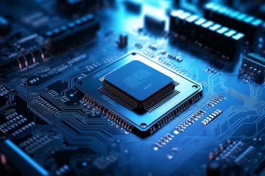 Close-up image of a blue circuit board with a central microchip processor CPU with various electronic components and connections. Technology, computer hardware, and manufacturing industries