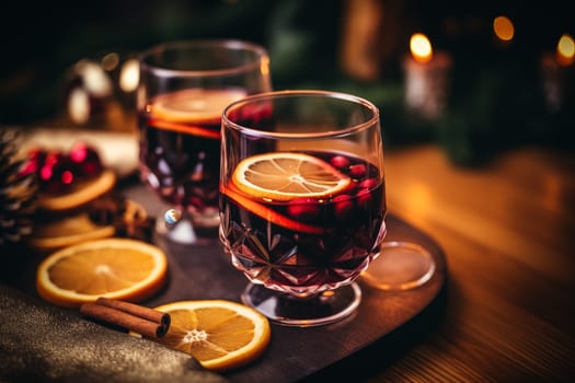 Two glasses of traditional mulled wine with orange and cranberry garnishes on a cozy Christmas table. The background is blurred with bokeh lights and candles, creating a warm and festive atmosphere