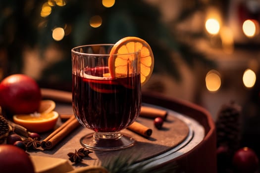 Glass of traditional mulled wine with orange and cranberry garnishes on a cozy Christmas table. The background is blurred with bokeh lights and candles, creating a warm and festive atmosphere