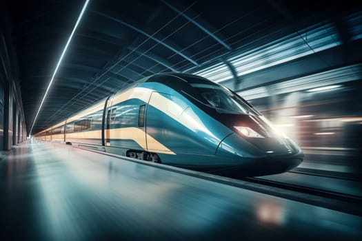 Modern high speed train in a futuristic train station. Modern transportation technology, speed, travel concepts. Railroad with motion blur effect