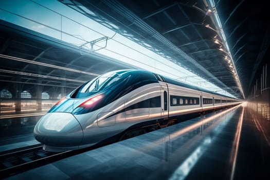 Modern high speed train in a futuristic train station. Modern transportation technology, speed, travel concepts. Railroad with motion blur effect