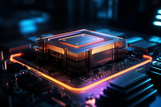 Close-up of a computer processor chip CPU on a motherboard with glowing neon lights. The chip is surrounded by other electronic components. Technology and hardware related content