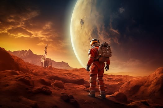 Future space travel mission to Mars - Astronaut in an orange suit walking on the surface of Mars with mountains and a moon in the background.