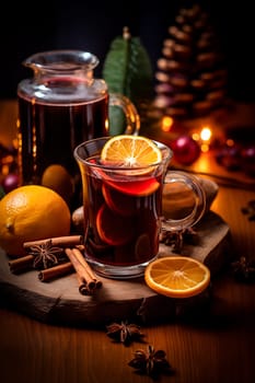 Glass of traditional mulled wine with orange and cranberry garnishes on a cozy Christmas table. The background is blurred with bokeh lights and candles, creating a warm and festive atmosphere