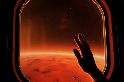 Mars landscape seen through spaceship window illuminator with astronaut hand touching the glass. Concept of extraterrestrial journey space exploration, conveys sense of otherworldly beauty and wonder